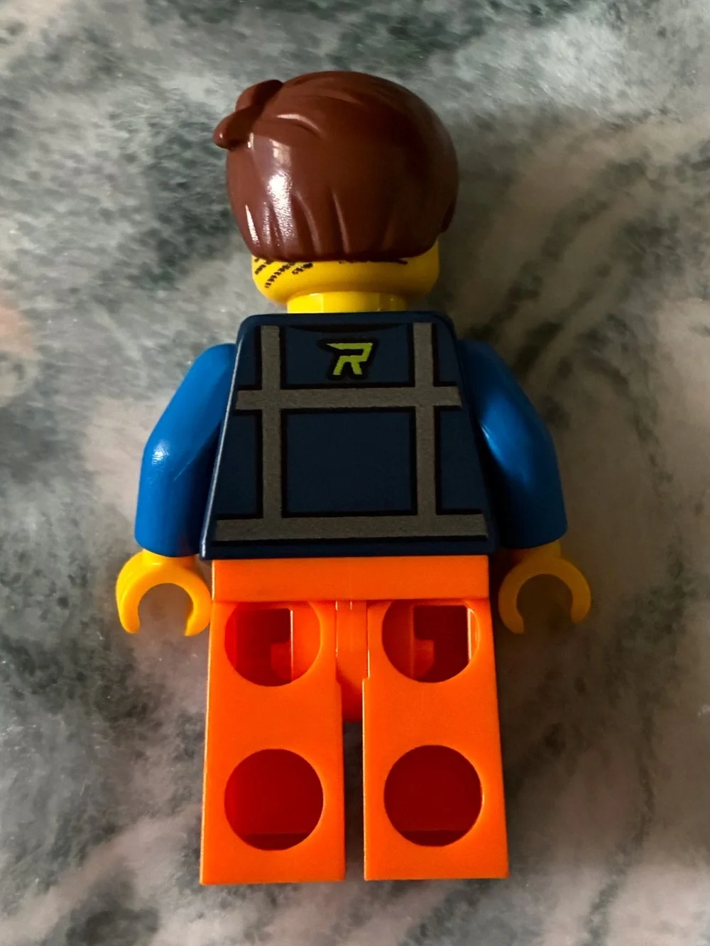 LEGO Minifigure Emmet Blue Torso Orange Legs Yellow Head Brown Hair
